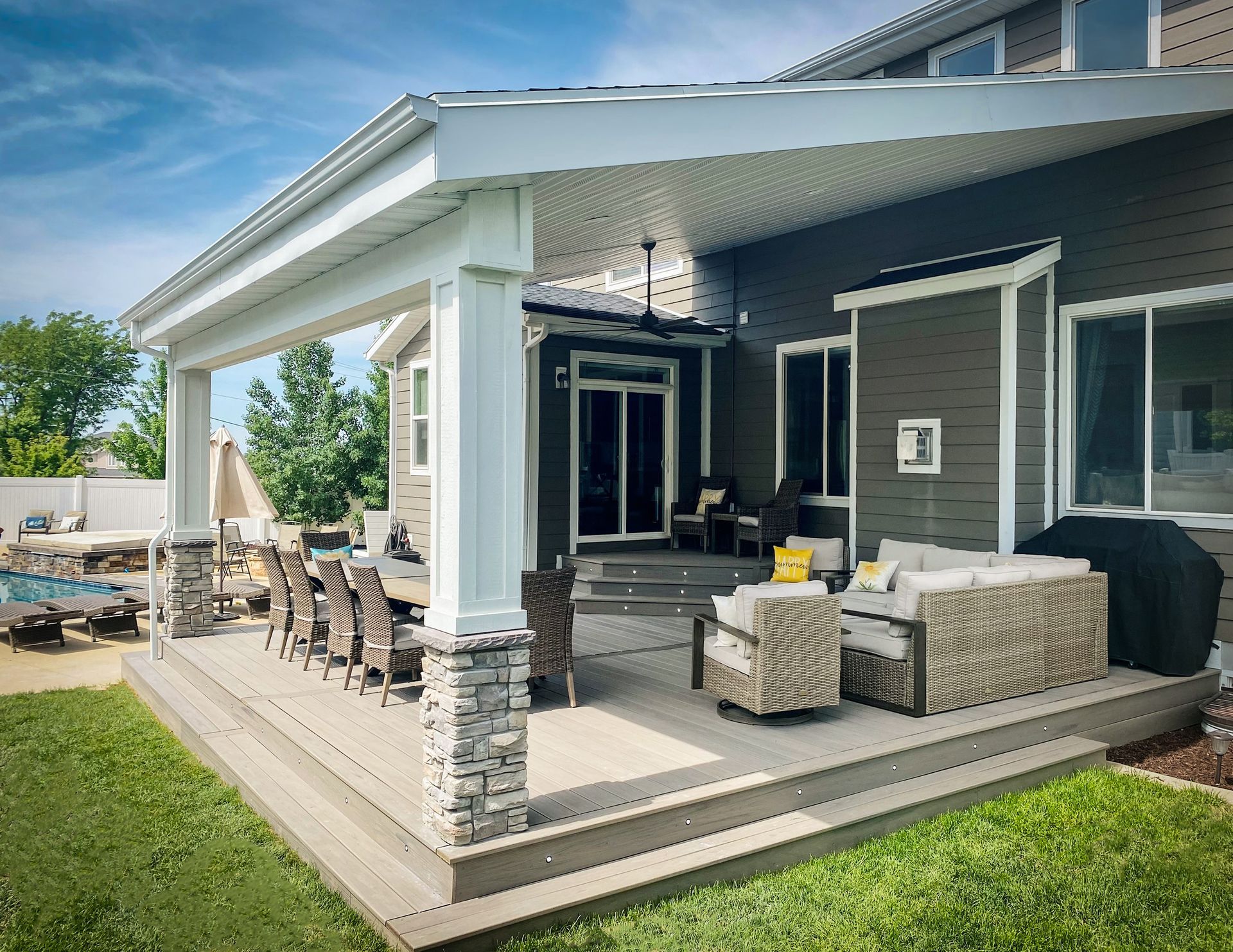 Covered composite deck built by Canyon View Construction